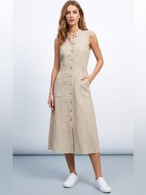 Lee Cooper Beige & White Button-Front Sleeveless Cotton Blend Dress Size Small
